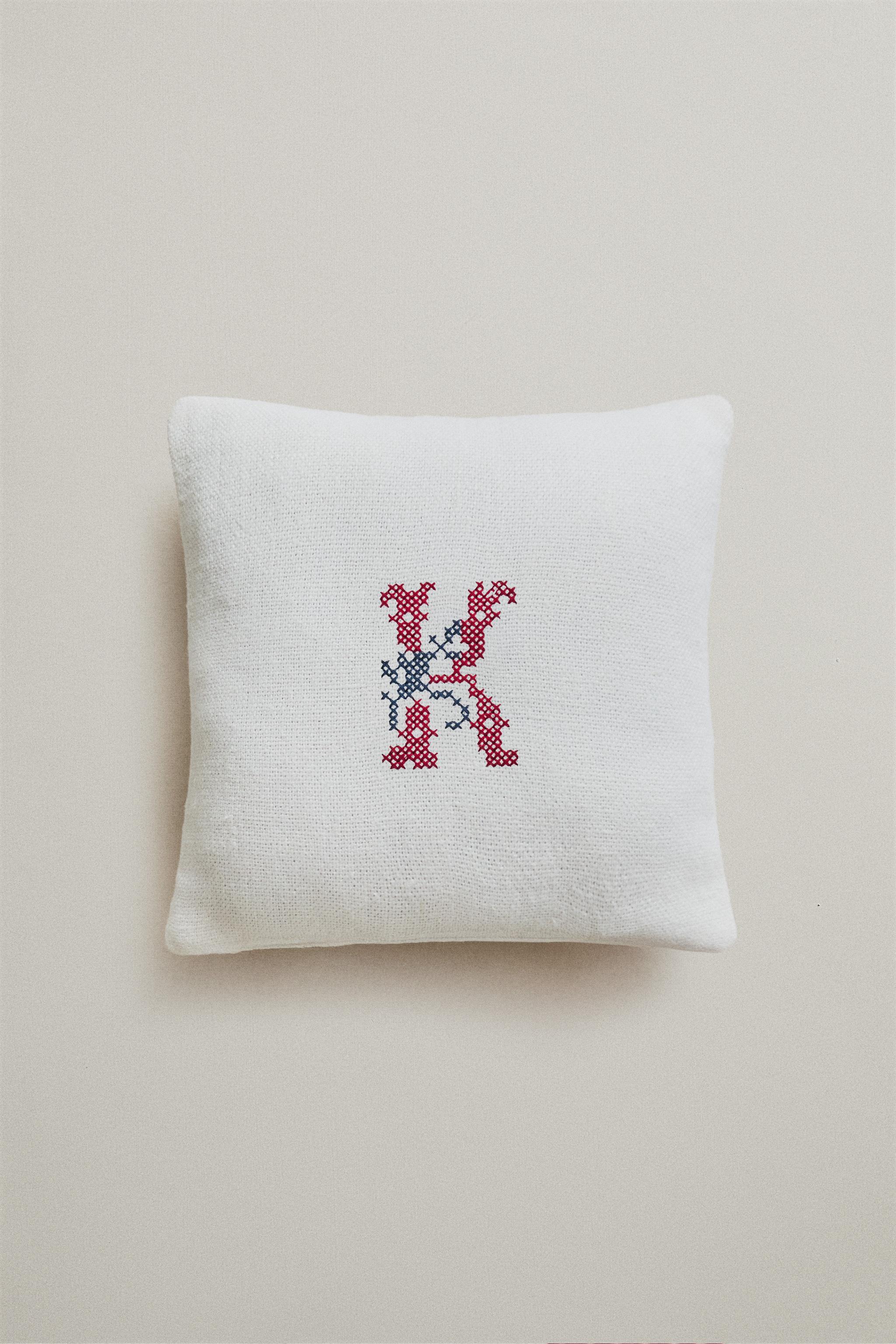 LETTER K EMBROIDERED LINEN CUSHION